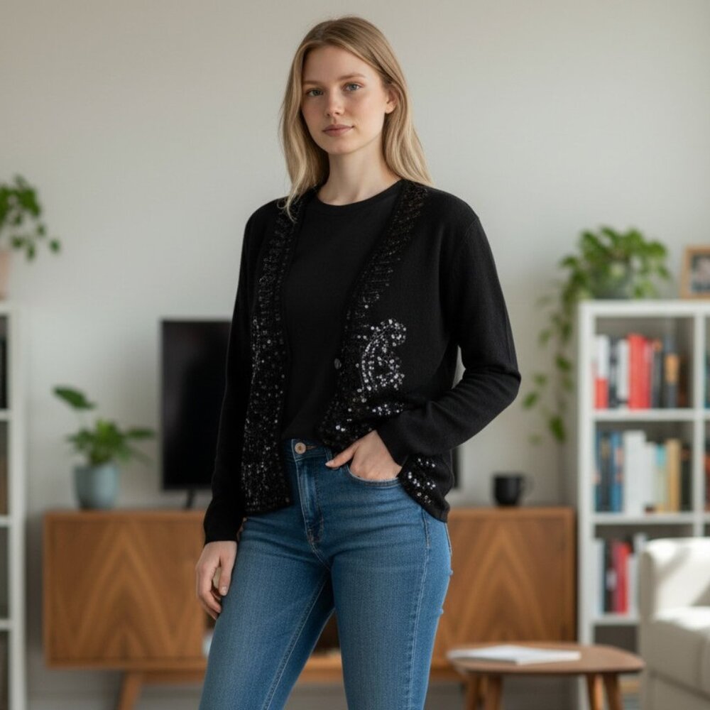 Vintage Marisa Christina Black Beaded Sequin Lambswool Angora Cardigan Sweater